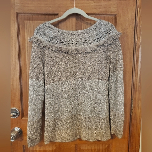 White House Black Market Fringe Sequin Metallic Colorblock Sweater Size M - Picture 6 of 8